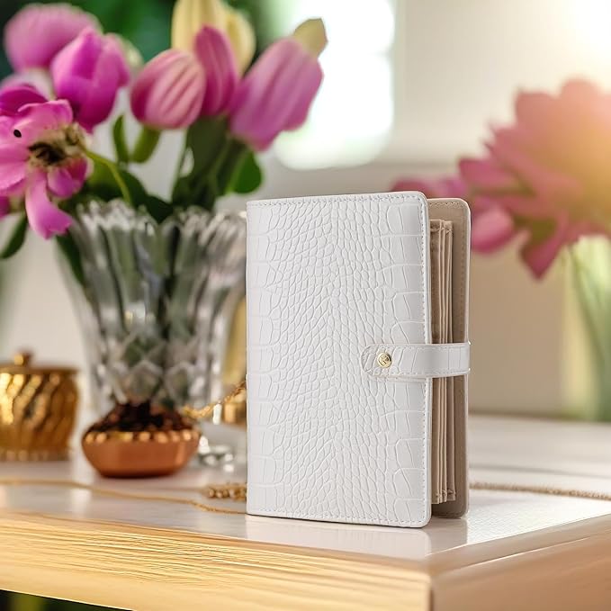 Vlando Small Jewelry Book Organizer - Leather Travel Jewelry Case with 5 Detachable Pages for Necklaces, Rings, Earrings, Tangle-Free, Giftable, Croco White
