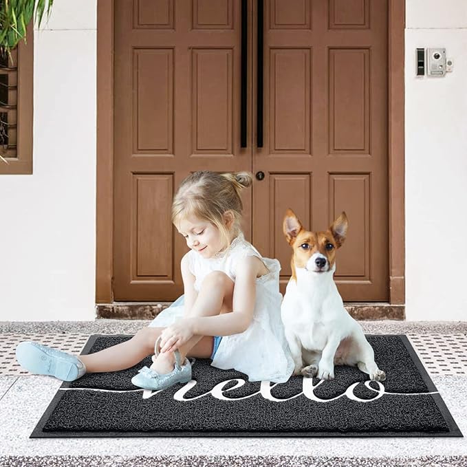 Door Mat Hello Mats Outdoor Indoor Non-Slip Doormat for Entryway Low-Profile Floor Mat for Yard, Garage, High Traffic Areas (30"x17.5", Black)