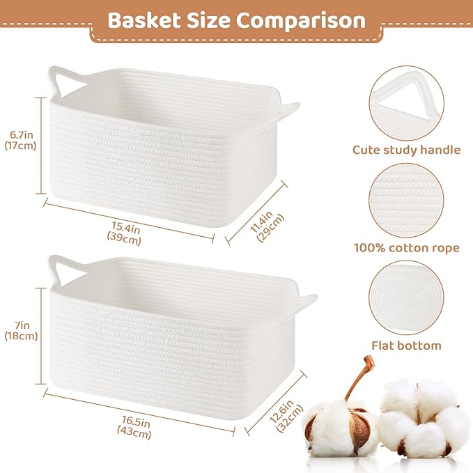Large Empty Gift Baskets for Baby Shower, 16.5"L x 12.6"W x 7"H Cute Woven Storage Basket with Gift Bags and Ribbons, Small Rope Toy Basket with Handles, Cat Dog Pet Toy Organizer - White