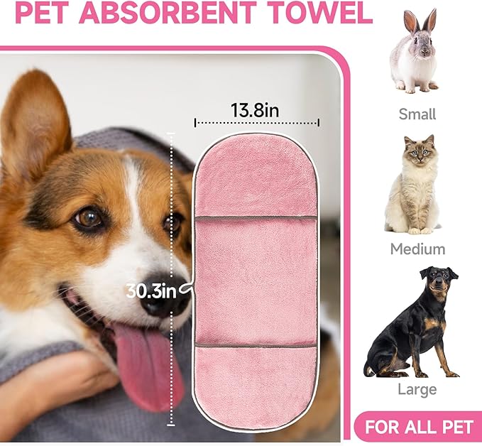 KUEIOX Dog Towels for Drying Dogs Small Medium Large, 2 Pack Dog Cat Drying Bath Towel 30.3"x13.8" with Hand Pocket,Absorbent Pet Towel for Dog Cat Pink