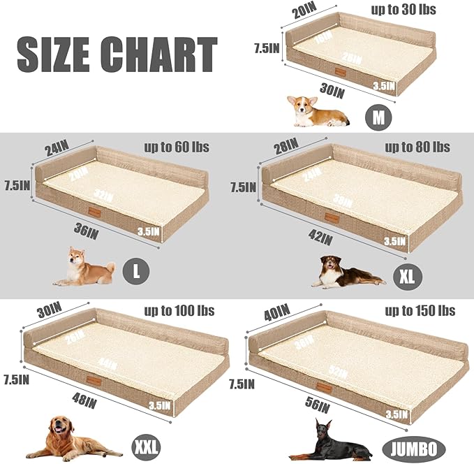 Patas Lague Orthopedic Dog Bed Medium Size Dog 30''X20'', Waterproof L Bolster Medium Pet Sofa Beds with Removable Washable Cover, Soft Pet Couch Crate Mat with Nonskid Bottom, Beige