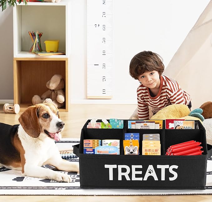 Collapsible Dog Treat Container Bin, Fabric Storage Box with 6 Compartments, Black