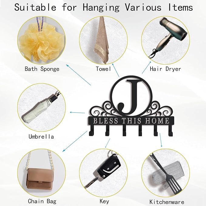 Metal Letter J Key Holder for Wall, Decorative Metal Key Holder Wall Mount, Key Hooks Coat Rack Monogram Wall Decor, Perfect for Bathroom, Living Room, Kitchen, Anniversary Housewarming Gift