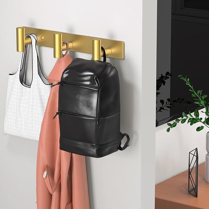 VINHOLD Wall Mounted Coat Rack-3 Hooks, Heavy Duty Stainless Steel Wall Hooks for Towel Coat Bag, Hat Rack Coat Hanger Coat Hooks Towel Racks for Bathroom Entryway Kitchen Hotel Office (Gold,1 Pack)