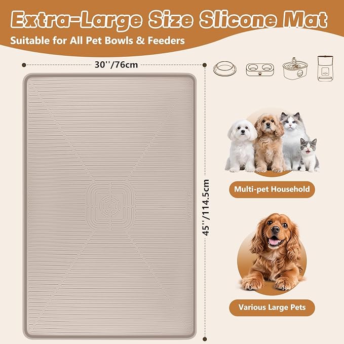 Lorvain Dog Food Mat, 45" x 30" Silicone Pet Feeding Mat with Raised Edges, Extra Large Pet Placemat for Dog Cat Food and Water Bowl Non-Slip, Easy to Clean, Waterproof & Floor Protection, Beige