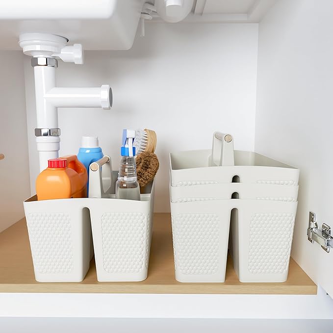 Xuhdukc Shower Caddy Portable and Cleaning Caddy Organizer for Bathroom, Kitchen,Toiletries Storage, Caddy organizer with handle, Rust-Resistant, Durable Material(Milky White, 9.36"L×7.73"W×7.24"H)