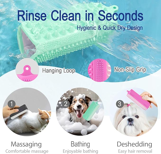 3-in-1 Pet Grooming & Bath Brush for Dogs and Cats, Triple-Sided Design with Cone Massage Tips, Long Self-Cleaning Deshedding Nubs, Short Bathing Nubs, Soft Silicone Brush with Hanging Loop, Pink