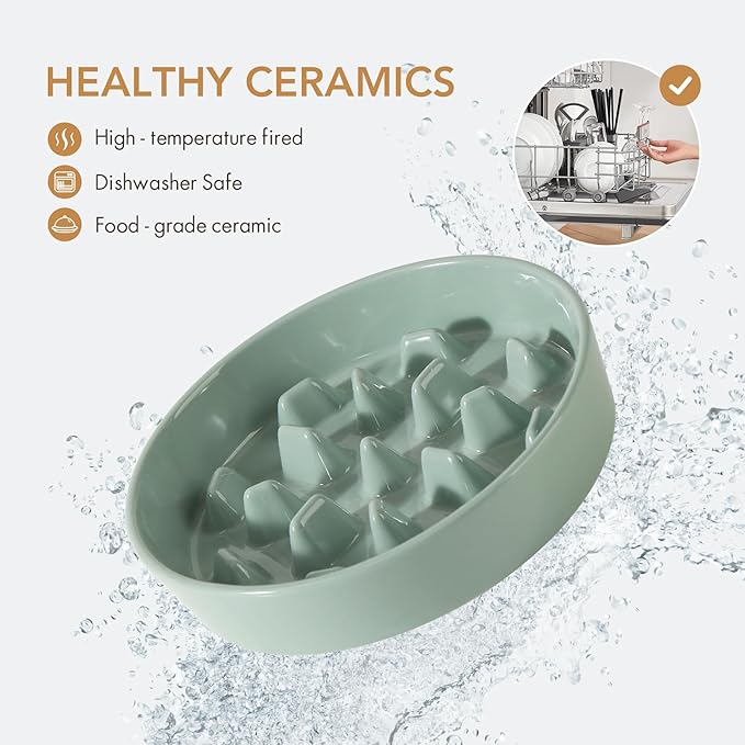 Ceramic 3.2 Cup Raised Slow Feeder Dog Bowl Set, Elevated 8.2inch Bowl and 9.5inch Slow Pet Food Dish with Wooden Stand for Large Dog (2 x Light Green+ Stand)
