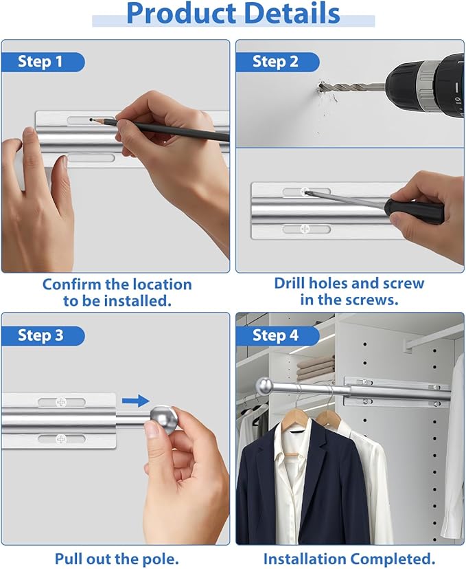 Valet Rod for Closet Pull Out, 12" Aluminum Valet Heavy Duty Closet Valet Rod, Adjustable Retractable Slide Out Valet Rod Closet Organization for Closet Laundry Bedroom Bathroom(Silver)