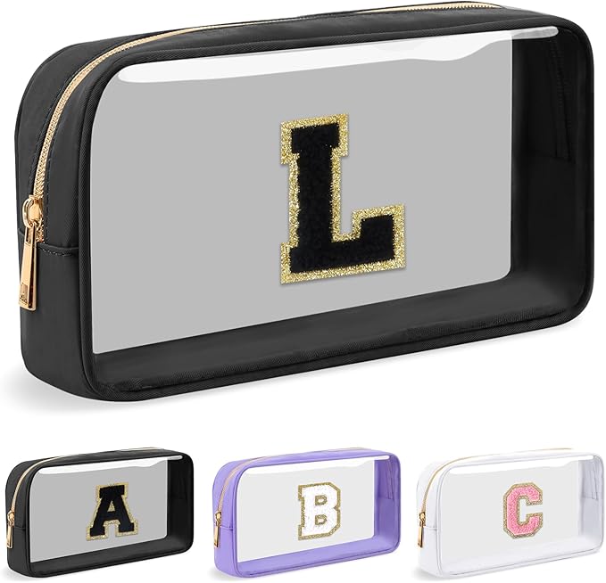Personalized Initial Letter Clear Makeup Bag,Preppy Small Nylon&PVC Cosmetic Zipper Bag with Chenille Letter,Travel Skincare Toiletry Bag,Monogram Christmas Gift for Teen Girls Women,L