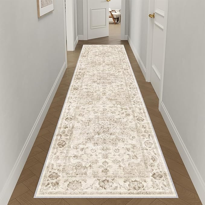 2x14 Washable Neutral Runner Rug Beige Vintage Hallway Kitchen Carpet Non-Slip Soft Low Pile Farmhouse Throw Rug for Bedroom Bathroom Laundry Living Room