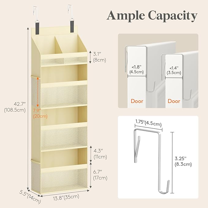 Lifewit 4 Tier Over the Door Diaper Organizer for Nursery, Large Heavy Duty Hanging Storage with 4 Mesh Side Pockets, Sturdy Back of Door Shelf for Baby Stuff Toy in Pantry, Laundry, Bathroom, Beige
