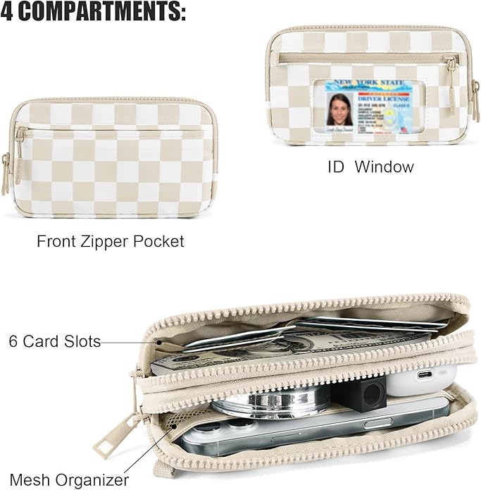 Checkered WristleWallets for Women, RFID Wallet Crossbody with 4 Zippers, Credit Card Holder Cell Phone Organizer