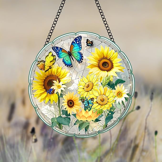 Sunflower Suncatcher 8 Inch Stained Glass Window Hanging Diamond Chain Hooks – Indoor/Outdoor Window Wall Art Home Décor -Gift for Women Men Valentine's Day Thanksgiving Ornaments Festival Gifts