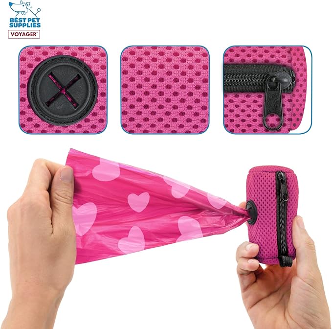 Best Pet Supplies Dog Poop Bag Holder Leash Attachment with 15 Bags, Fuchsia, Reusable Mesh Dispenser Pouch for Travel, Walking, Park, and Outdoor Use, Soft and Durable with Clip-On