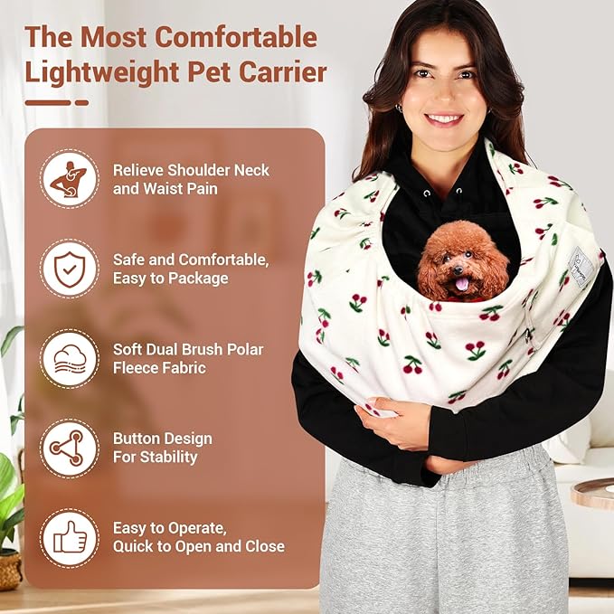 Hands-Free Cat Sling Carrier, Ultra-Soft Polar Fleece Pet Sling for Small Dogs & Cats 3-14 lbs, Machine Washable for Indoor Snuggling & Outdoor Use (Large, Cherry)