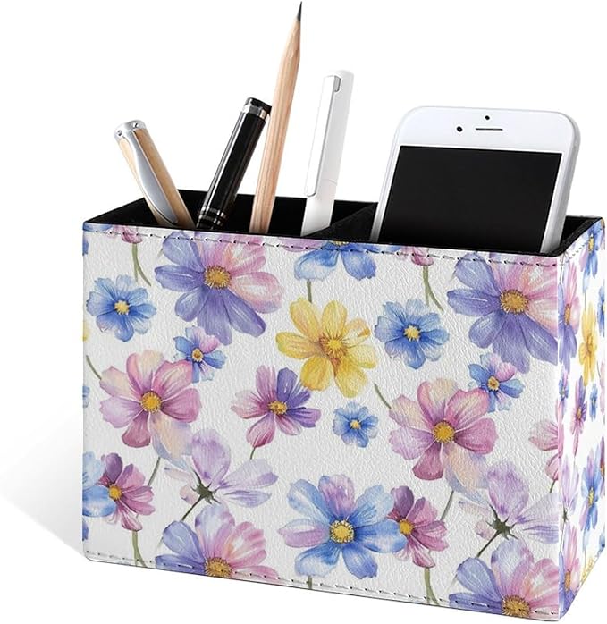 Famame Watercolor Cosmos Daisy Pencil Holder for Desk, Leather Desktop Container Pen Cup Storage Study Table Pen Organizer Makeup Brush Holder for Classroom Office Home