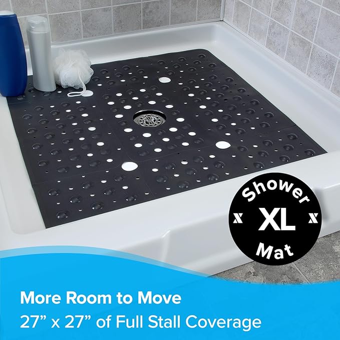 SlipX Solutions 27" Oversize Square Shower Mat, Non-Slip Mat for Elderly & Kids, 100+ Power Grip Suction Cups for Smooth Surfaces, Machine Washable, Black