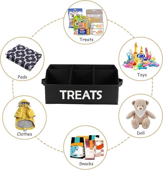 Collapsible Dog Treat Container Bin, Fabric Storage Box with 6 Compartments, Black
