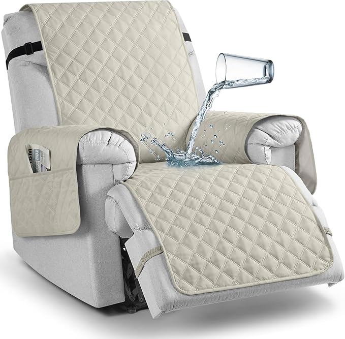 TAOCOCO 100% Waterproof Recliner Chair Cover Non-Slip Reclining Cover for Recliner Chair Washable Chair Seat Cover with Elastic Straps for Pets Sofa Slipcover with Pocket (Small 23'', Ivory)
