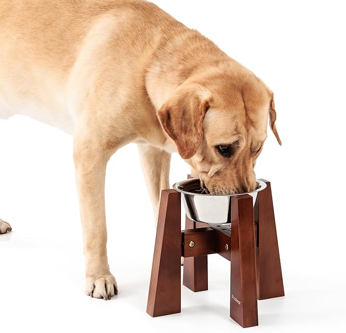 Elevated Dog Bowl Stand for Medium Dogs, Sturdy Bamboo Raised Dog Food and Water Feeding Station - Adjustable Sideways (3 Cup Bowl Included)