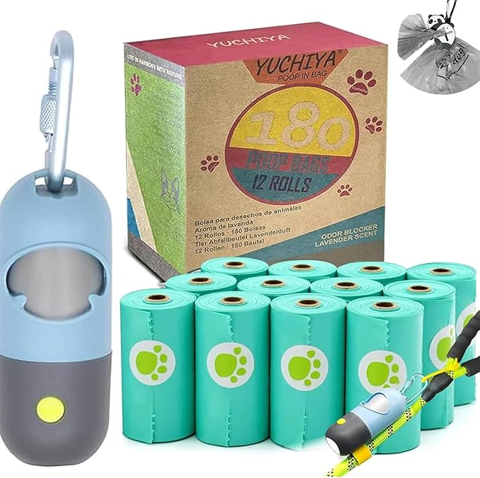 Dog Waste Bags Holder with LED Flashlight Doggie Poop Bags Dispenser with 13 Rolls Leak-Proof Pet Trash Bags Rechargable USB Cable(Sky Blue)