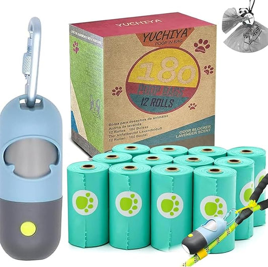 Dog Waste Bags Holder with LED Flashlight Doggie Poop Bags Dispenser with 13 Rolls Leak-Proof Pet Trash Bags Rechargable USB Cable(Sky Blue)