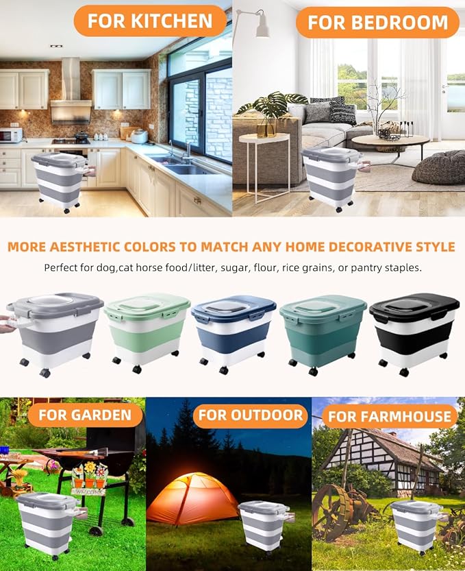 DDMOMMY 25-28 Lbs Dog Food Storage Container with Handle, Collapsible Dog Food Container with Airtight Lids, Wheels, Large Pet food storage Container for Dog Cat,Dog Food Scoop,Small Container