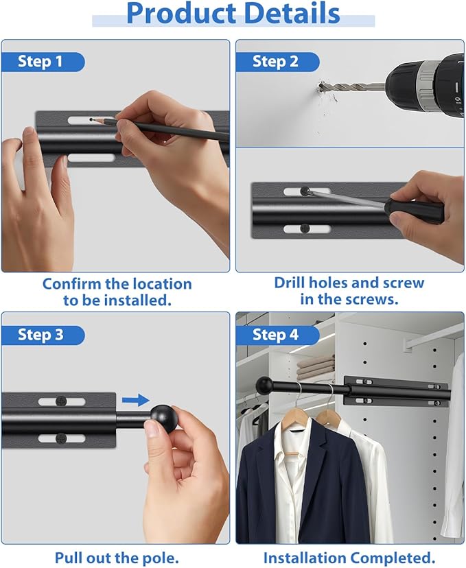 Valet Rod for Closet Pull Out, 12" Aluminum Valet Heavy Duty Closet Valet Rod, Adjustable Retractable Slide Out Valet Rod Closet Organization for Closet Laundry Bedroom Bathroom(Black)