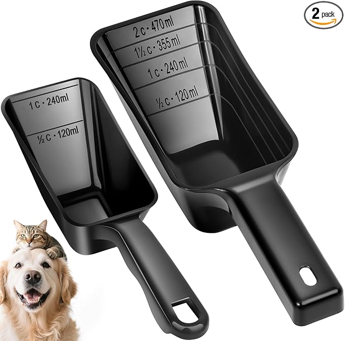 GNEOCO 2 Pack Dog Food Scoop with 1 Cup and 2 Cup Capacity, Plastic Pet Food Measuring Scoops with Clear Measurement Lines for Dogs, Cats & More,Dishwasher safe (Black)