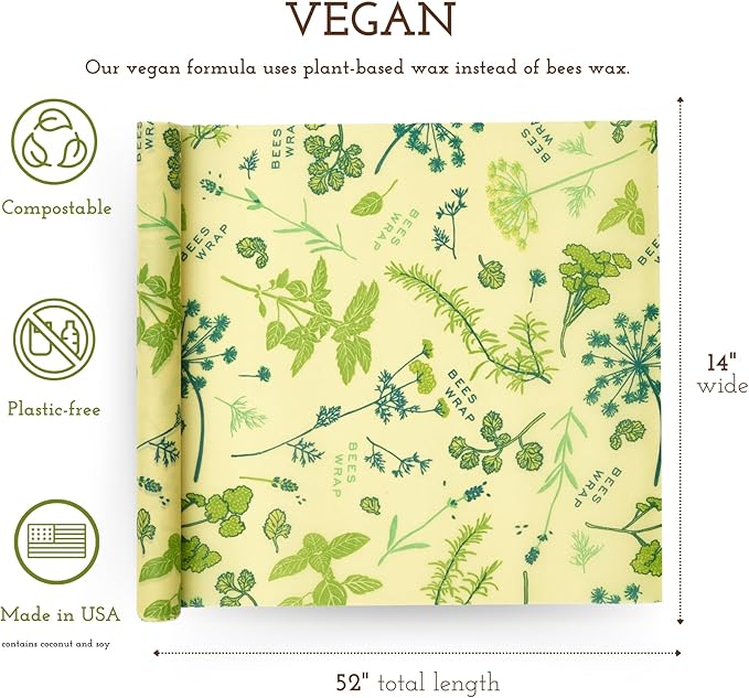 Bee's Wrap Vegan Beeswax Wraps for Food - Cut to Size 14x52" Wax Paper Roll - Made in USA Reusable Waxed Paper Bowl Covers, Organic Eco-Friendly Alternative to Aluminum Foil, Herb Garden