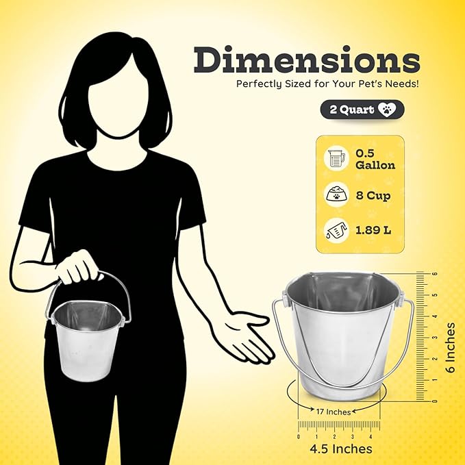 AASPIRE PETS 2 quart Stainless Steel Flat Side Bucket | 0.5 gal Durable Heavy Duty Food & Water Feeding Pails for Small Pet Birds Dog Cat | Fits kennel Cages Critter Crates Hanging Pail | Multipurpose