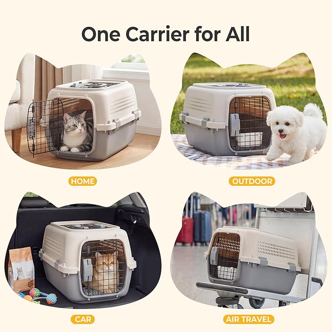 NEWBULIG 23" Hard-Sided Dog Carrier, Plastic Cat & Dog Crate, 4-Sided Ventilation Travel Pet Kennel, Top & Front Door Access, Integrated Food Bowl, for Small Pets up to 22 lbs, Beige & Grey