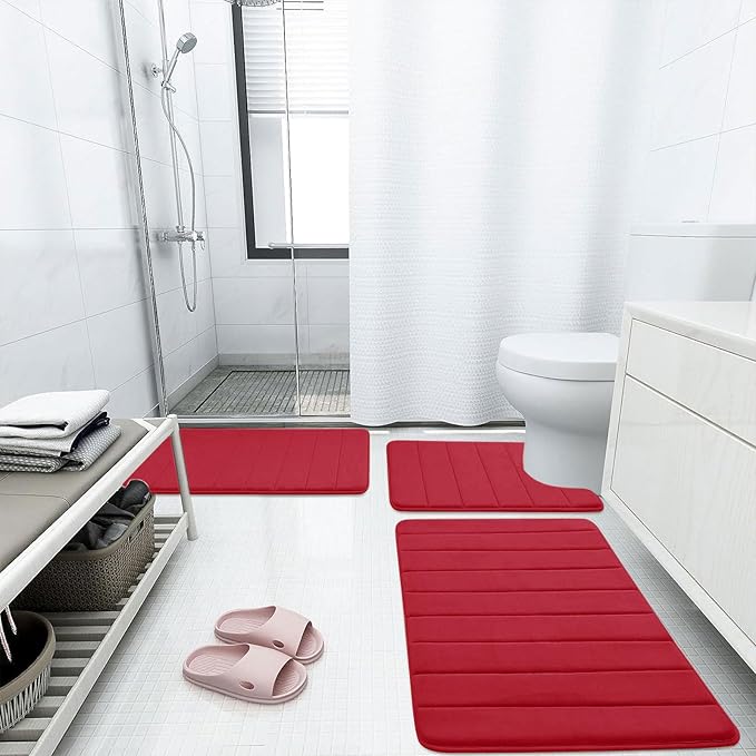 Buganda Memory Foam Bath Mat, 47" x 17", Ultra Soft and Non-Slip Bathroom Rugs, Water Absorbent and Machine Washable Bath Rug Runner for Bathroom, Shower, and Tub, Red
