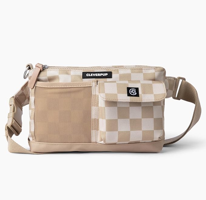 Cleverpup, Dog Walk & Train Sling Bag - Hands-Free 2-In-1 Treat Pouch, Poop Bag Holder, Clicker, Phone Pocket - Crossbody/Fanny Pack, Adjustable Strap - Checkerboard