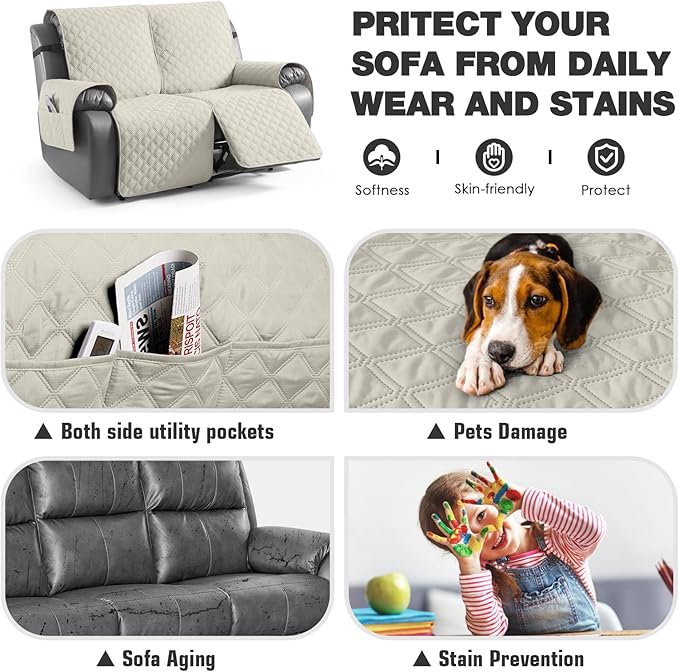 TAOCOCO 100% Waterproof Recliner Couch Covers, Recliner Sofa Covers with Leg Straps, 1-Piece Washable Reclining Sofa Cover with Pocket Couch Protector for Pets Kids(2 Seater, Ivory)