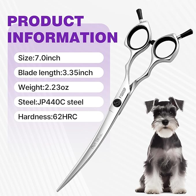 Curved Dog Grooming Scissors 7 in Curve Shears for Pet Dogs Pomeranian Cat Japan 440C 30°Arc Upward & Downward for Trimming Face and Paws at Home(7, Curved)