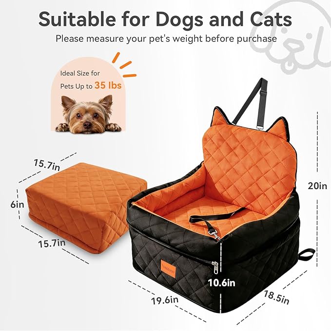 CABZOON Dog Car Seat for Small/Medium Dogs Up to 35lbs,Elevated Cushion Fits in Front/Back Seat,Travel Safety Per Car Bed with Washable Removable Cover, Storage 2 Pockets Black-Orange