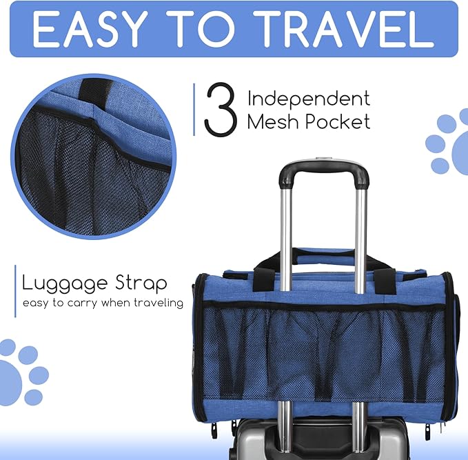 Pet Carrier for Cats & Small Dogs, Travel Carrier with Anti-Collapse Support, Chew Resistant Buckles, Luggage Sleeve, Multi-Pocket Storage, Reversible Mat & Bowl (Blue, Medium (17.5"x11"x11.5"))
