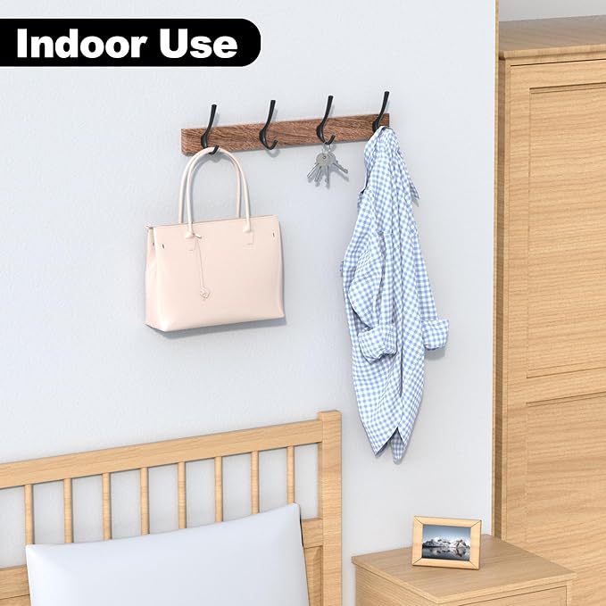 IURRDOP 17 Inch Walnut Wood Wall Mounted Coat Rack with 4 Black Double Hooks, Adhesive Mounted Entryway Hooks, Modern Natural Wooden Pegs for Hanging Coat Clothes Hat Bag Purse Key and Towel