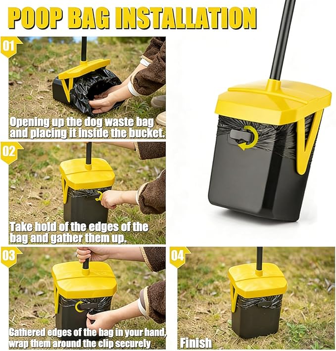 FUSBUNTY Pooper Scooper Swivel Bin & Rake with 100 Waste Bags, Dog Pooper Scooper with Bag Attachment for Large Medium Small Dogs, Poop Scooper with Lid for Lawn Yard Dog Kennel - Yellow
