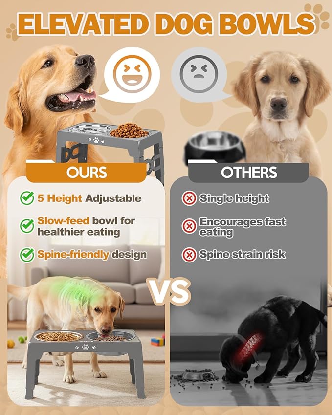 Jovrun Elevated Dog Bowls, Dog Feeder with Stainless Steel Dishes & Slow Feeder Bowl, 5 Heights Adjustable Raised Stand for Medium Large, Food Dishes with Non-Slip Feet