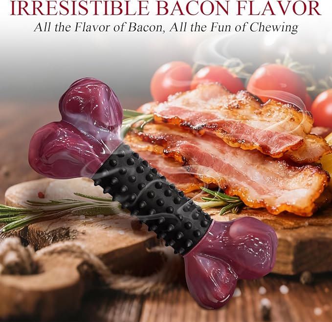 Apasiri Dog Toys for Aggressive Chewers with Bacon Flavor: 3-Pack Dog Bones for Large Dogs, 8" Chew Toys Long-Lasting, Tough Nylon & Rubber Dogs Toys