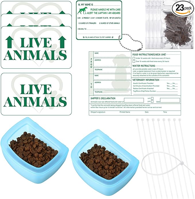 Eaasty 23 Pcs Kennel Travel Kit for Pets Airline Travel Accessories with 4 Live Animal Stickers 2 Pet Bowl 1 Live Pets Label 5 Storage Bag 10 Cable Ties 1 Tag for Airline Cargo Crates Shipping Packing