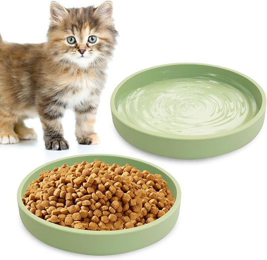 Silicone Cat Food Bowls Shallow Cat Dishes 5.9in Wide Pet Plates Set of 2 Small Flat Dog Saucer Bowl Cute Whisker Fatigue Kitten Feeding Dish for Dry & Wet Food (Round Bean Green)