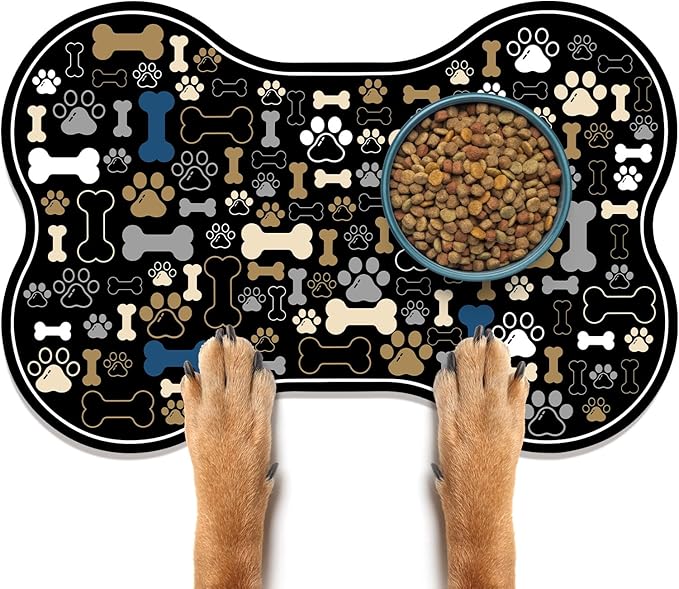 Dog & Cat Food Mat Bone Shaped Pet Feeding Mat Quick Absorb Water Bowl Placemat with Rubber Backing Indoor Floor Stain Resistant Pet Accessory Supplies (Black, 12x24 Inches)