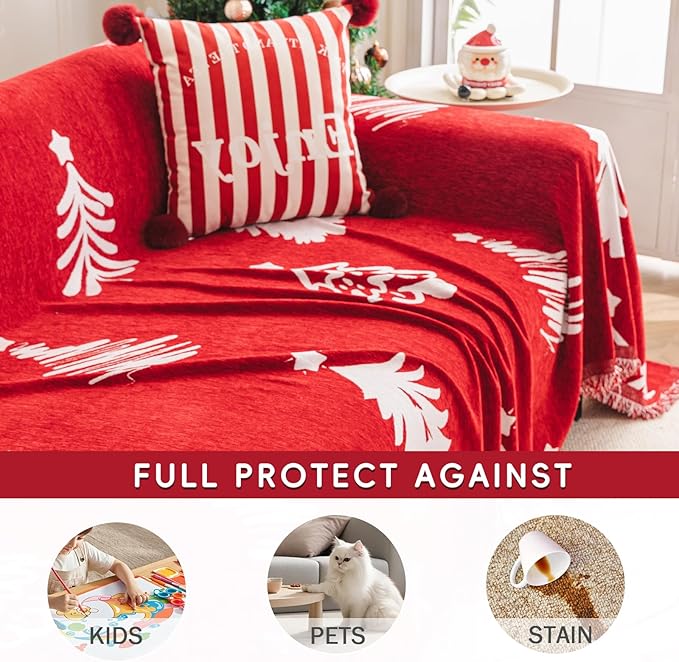 hyha Couch Cover for Dogs, Boho Sofa Covers for 3 Cushion Couch Washable, Chenille Sofa Slipcover for Pets, Loveseat Sectional Couch Throw Blanket with Tassels(Red Christmas Tree, 88.5x118 Inch)