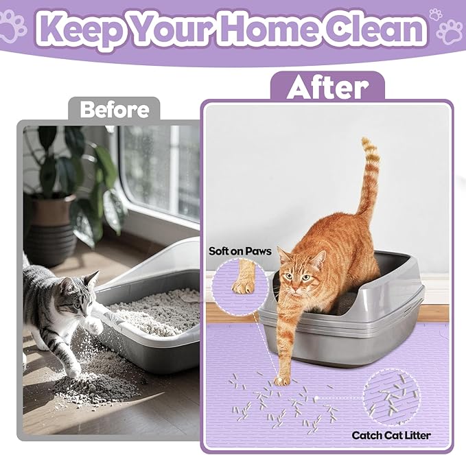 Bartuke Cat Litter Mat, Extra Large 40" x 28" Silicone Mat Litter Trapping Mat for Scatter Control, Soft on Kitty Paws, Easy to Clean (Purple)
