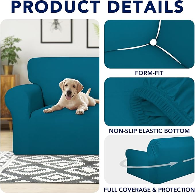 PureFit 100% Dual Waterproof Couch Cover Slipcovers for Couches and Sofas - Stretch Non Slip Fleece Sofa Covers Washable, Leakproof Furniture Protector for Kids, Pets, Dog (Chair, Peacock Blue)