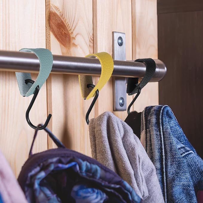 uxcell 4 Pcs PU Leather S Hooks, Multifunctional S Shaped Hooks for Hanging Coat Towel Camping Kitchen Bathroom Handle, Yellow